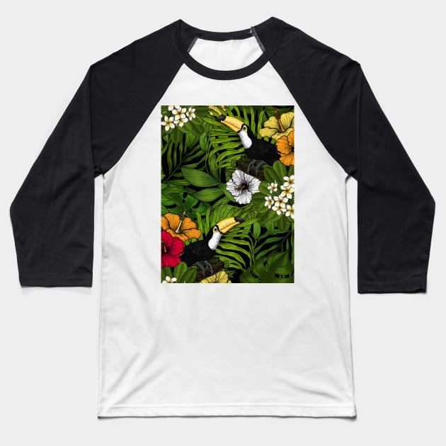 Toucans amd tropical flora, green, yellow, red and orange Baseball T-Shirt by katerinamk